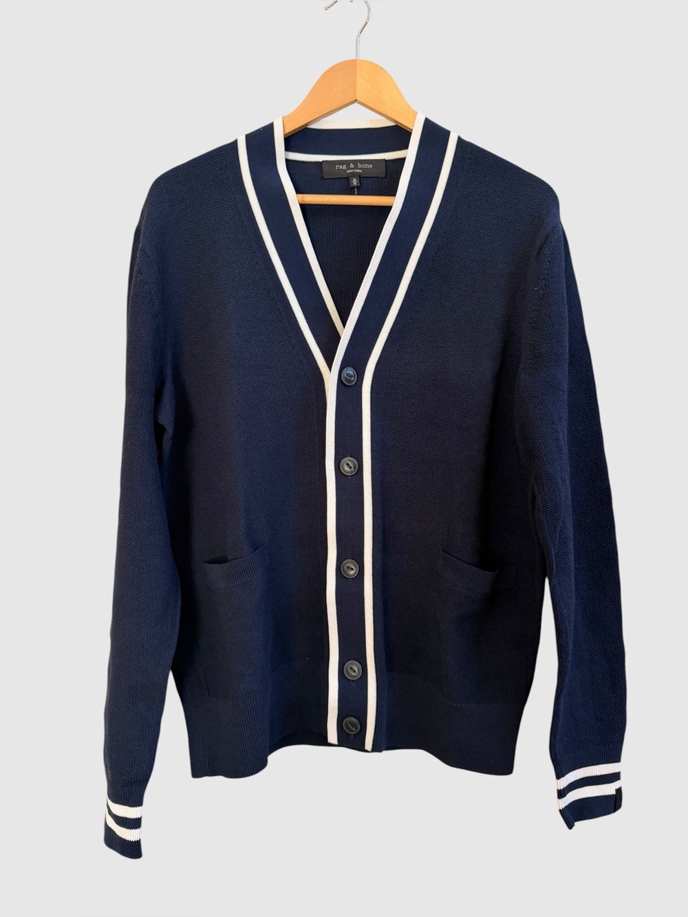Rag & Bone navy vneck cardigan with white stripe accent
